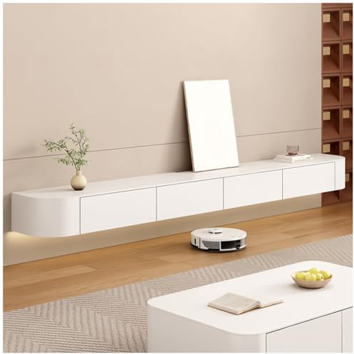 Mueble de TV de madera para montaje en pared, consola de TV blanca con cajones, estante flotante para TV para sala de estar, mesa de TV con almacenamiento para centro de entretenimiento(Blanco,220cm)