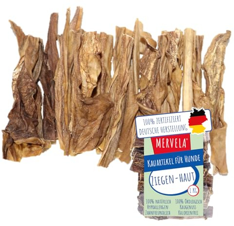 MERVELA® Ziegenhaut Stangen, 1 KG [Qualität aus Deutschland] für Allergiker Sensitive Hunde, Belohnung, Trainingssnack, getreidefrei, Hundesnack, hypoallergen, Kausnack, Proteinreich, natürlich