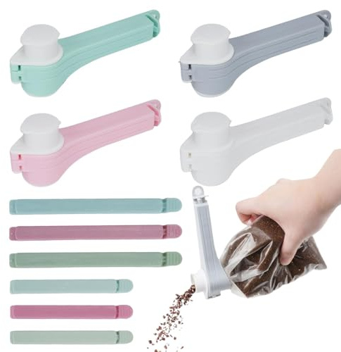 WRENYZK 10 Piezas Pinzas Bolsas Alimentos, 4 Clips De Cierre con Escurridor Y 6 Clips para Bolsas, Reutilizables Clip De Cocina, Dispensador De Aperitivos para Cereales, Dispensador De Nueces