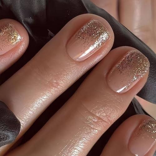 Gold Glitter Press On Nails – 24pcs Nude Pink Almond Shape Acrylic False Nails with Gold Sparkle Tips – Short ABS Stick On for Holiday & Winter Glam Looks