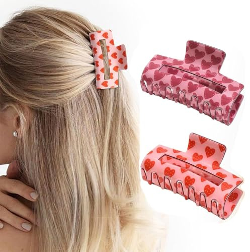 Muorruo 2 Stück Haarspangen zum Valentinstag für Damen, Große quadratische Haarspange für dickes Haar, rote Herzhaarspange für dünnes Haar, Party-Kostüm, süßes Haaraccessoire