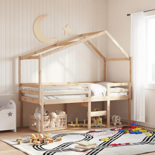 Holamys Hochbett mit Dach 75x190 cm Massivholz Kiefer, Kinderbett Spielbett mit Leiter, sicheres Geländer, unbehandeltes Naturholz für Kinderzimmer