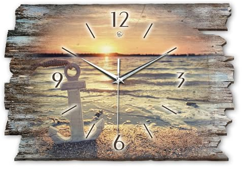 Kreative Feder Designer Wanduhr „See“ aus Holz 40x27cm im Shabby Style Design - Designeruhr mit flüsterleisem Uhrwerk ohne Ticken (See, leises Funkuhrwerk)