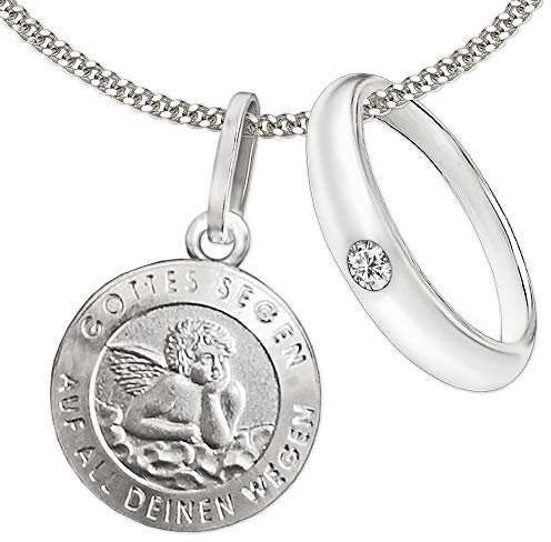 CLEVER SCHMUCK Set 2 Anhänger Engel Ø10 mm Gottes Segen Rückseite Gott schütze Dich Blumenranke & Taufring schlicht Zirkonia & Kette Panzer 36 cm Sterling Silber 925 im Taufe Etui weiß