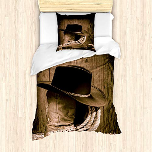 ABAKUHAUS Western Bettbezug Set für Einzelbetten, Wilder Cowboyhut Holz, Milbensicher Allergiker geeignet mit Kissenbezug, Braun