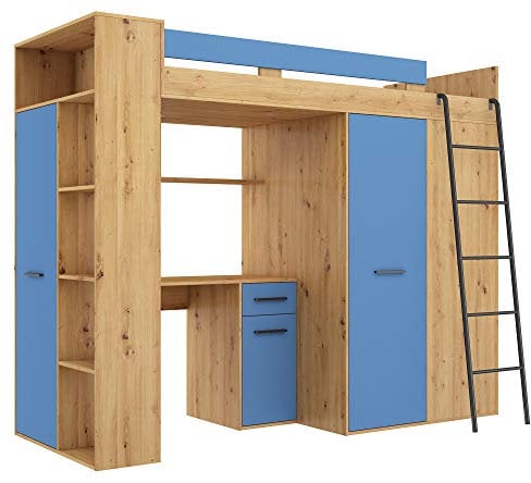 BIM Furniture, VERANA P - Letto a castello, letto a soppalco, 190x90 cm, con scale, armadio, mensola, scrivania, per bambini, lato destro (rovere Artisan/blu)