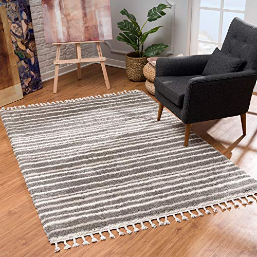 MyShop24 Teppich Wohnzimmer Shaggy - Grau Creme 80x300 cm - Deko Schlafzimmer Hochflor mit Fransen Flauschig Meliert - Muster - Oeko Tex 100 Standard - Allergiker geeignet