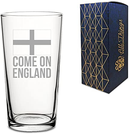 Engraved Football Perfect Pint Glass, Come On England Flag Design with Gift Box, Euro Football Soccer Rugby Sport Championship
