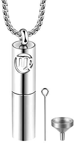 JewelryWe Sternzeichen Urne Halskette für Asche: Silber Edelstahl Jungfrau Kette mit Sternbild Horoskop Tierkreis Zylinder Anhänger Memorial Gedenk Schmuck für Haare Parfüm Geschenk Herren Damen