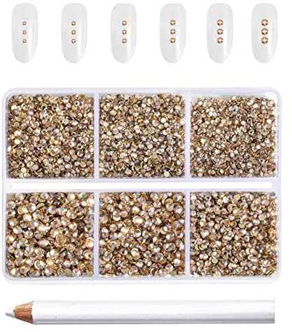Beadsland 7200 Pcs Flatback Rhinestones for Nails,Gold Round Small Crystal Rhinestones Gems for Crafts,Mixed 6 Sizes with Wax Pencil Kit,SS3-SS10,Golden Shadow
