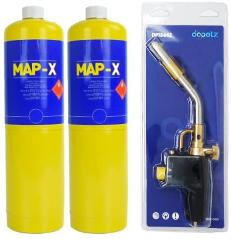 Dapetz ® Gas Torch and 2 x Mapp Pro Gas Cainster for Soldering Brazing Searing Thawing Heat Treatment Mechanics Jet Burner Cylinder Yellow Bottle Cartridge for Blow Torch