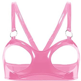CHICTRY Women's Sexy Wetlook 1/4 Cup Underwired Shelf Bra Balconette Hollow Out Unlined Bralette Pink C 3XL