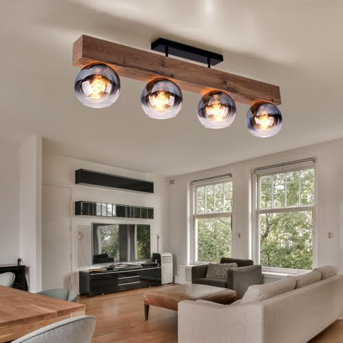 GLOBO Deckenleuchte Deckenlampe Esstisch Retro rustikal Landhaus Deckenlampe Wohnzimmer Holz, MDF Glas rauch Metall, 4 Flammig E27, LxBxH 90x15x28cm