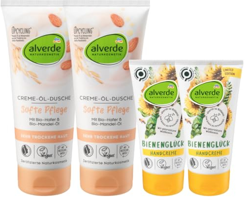 Alverde NATURKOSMETIK 4er-Set Hautpflege: Creme-Öl Duschgel SOFTE PFLEGE mit Mandelöl, reinigt sanft ohne auszutrocknen, pH-hautneutral (2 x 200 ml) + Handcreme BIENENGLÜCK (2 x 75 ml) 550 ml