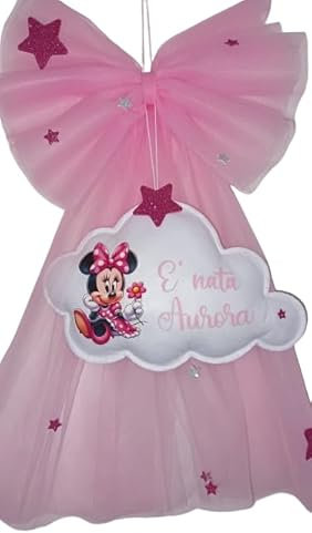 Fiocco nascita bimba in tulle rosa con nome personalizzato