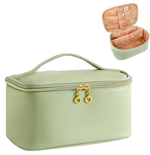 ZIOSINM Grande Trousse de Toilette Femme Voyage, 25x17x12 cm Trousse Maquillage Femme avec Poignée, Étanche Portable Trousse Toilette avec Pochette pour Brosses et Séparateur (Vert)