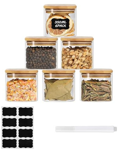 ZhouZGlass Glass Food Storage Jars Set of 6, Square Containers with Bamboo Lids, Pantry Organization Jar, Spice, Tea, Coffee and Sugar Container, Small Canister Set for Kitchen (350ml*6)
