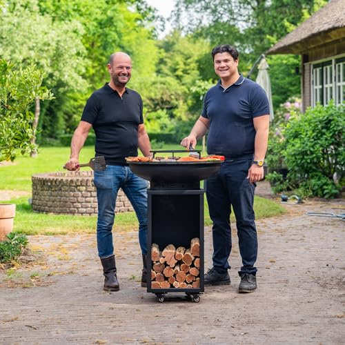 Barbecue Plancha Camarada Blackline 2.0 – con gancio in legno e contenitore in legno Ø 70 cm