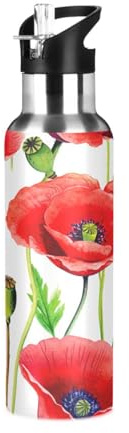 Bouteille d'eau isotherme en acier inoxydable avec paille, 946 ml, sans BPA, isotherme, étanche, motif fleurs de coquelicot rouge