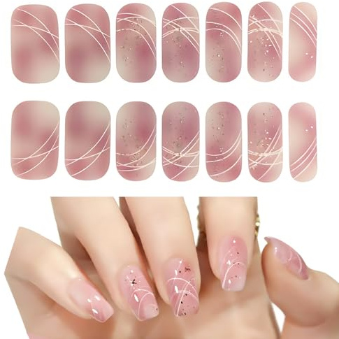 14 Pz Unghie Gel Adesive UV Rosa Sfumato Glitter 20 PCS, Pellicola Per Unghie Autoadesiva Impacchi Smalto Gel, Senza Cottura Facile Applicazione, Nail Art Donna Ragazze