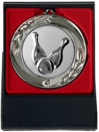 pokalspezialist Bowling Kegeln Medaille im Set mit Etui zum Aufstellen je 1 Stück Gold Silber Bronze 70mm Metall