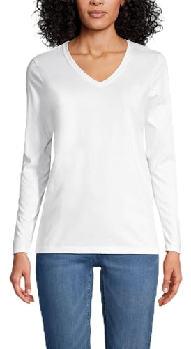 Lands' End Women's Tall Supima Cotton Long Sleeve T-Shirt - Relaxed V-Neck - WHITE - Medium