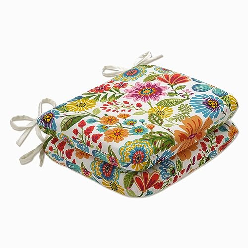 Pillow Perfect Sitzkissen mit Blumenmuster, mit Bändern, Plüschfaser-Füllung, Wetter- und lichtbeständig, runde Ecken, 39,4 x 47 cm, Blau/Violett, 2 Stück