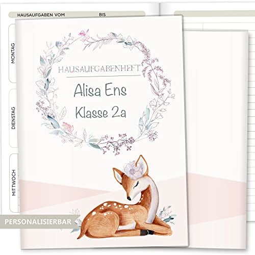 Olgs Hausaufgabenheft Hülle Rehkitz inkl. Heft Schulheft Schutzhülle Umschlag schöne Geschenkidee personalisierbar mit Namen und die Schulklasse (Hausaufgabenheft personalisiert, Stella)