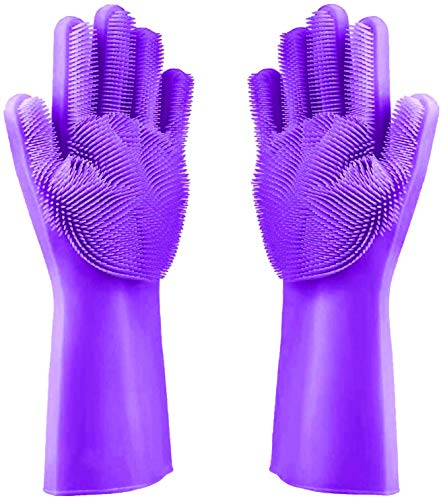 Gants de lavage en silicone de qualité supérieure pour la vaisselle (violet) - Taille optimale des picots pour nettoyer les ustensiles de cuisine.