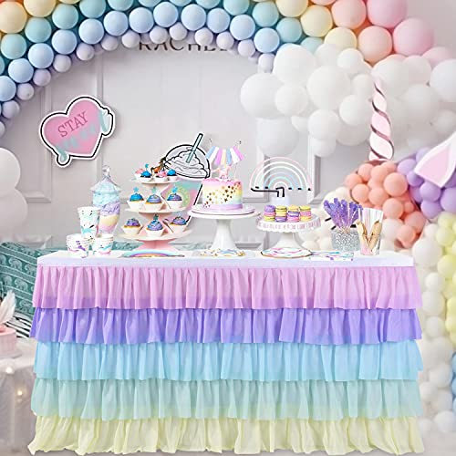 Regenbogen Tischrock Einhorn Tutu Tischdecke für Rechteck Tisch Mädchen Geburtstag Babyparty Party Hochzeit 4,3 m