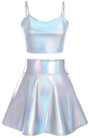 Alien Kostüm Damen Frauen Spaghetti Metallic Glitzer Bauchtanz Oberteil Crop Top+Faltenrock Mini Skater Röcke Kawaii 90er Jahre Burning Halloween Karneval Party Festival Rave Outfit Laser Silber M