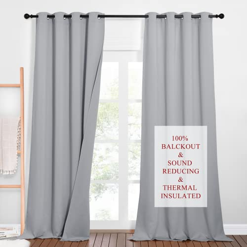 PONY DANCE Dreilagige 100% Verdunklungsvorhänge Ösen Schallschutz Vorhang 2er Set H 240 x B 132 cm Thermogardine gegen Hitze Schlafzimmer Gardinen und Vorhänge Blickdicht, Silbergrau