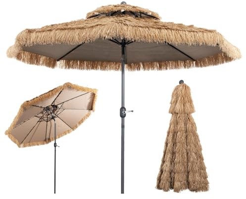 RELAX4LIFE Hawaii Sonnenschirm 300 cm, Reisstroh Strandschirm, Strohschirm mit Neigungsfunktion, Balkonschirm mit Doppeldach, Gartenschirm UV-beständig, Terrassenschirm für Garten & Strand