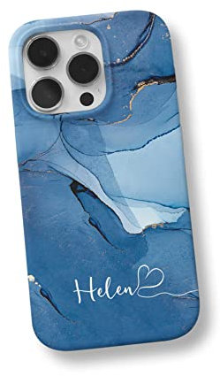 iCaseDesigner Personalised Watercolour Marble Name with Heart Phone Case Compatible with iPhone 14-23. Deep Blue