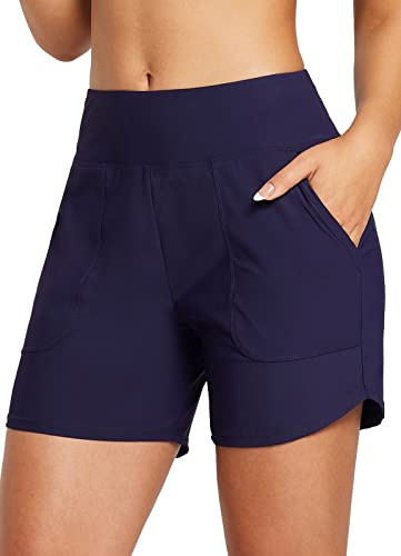 baleaf Swim Shorts Women 5 High Waisted Swimming Custome Bottoms Tummy Control Swimsuits Board Beach Shorts Dark Blue S