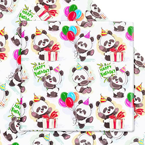 NEPOG Geburtstags-Geschenkpapier für Babys, Jungen, Kinder, Mädchen, Panda-Design, Geschenkpapier, niedliche Pandas-Luftballons, 6 Blatt, flach gefaltet, Babyparty, Kindergarten