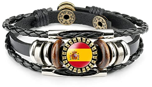 Pulsera Hombre,España Bandera Tiempo Piedra Pulsera En Capas De Cuero Trenzado Pulsera Amantes Del Fútbol Patrón De La Bandera Pulsera Copa Del Mundo Joyería Joyería Joyería Para Mujer Hombre Regalo