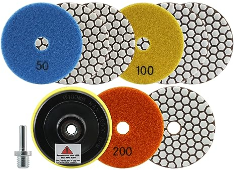 Diamant Polierscheibe LEKOMESH - 8pcs 100MM (#50 * 3/100 * 3/200 * 2) mit Haken & Loop Backing Halter Disc,Trockenpolierpad-Set für Granit, Marmor, Kunststein, Quarz