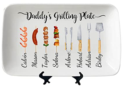 SSRUI Personalisierte Vatertags-Grillplatte, individuelle BBQ-Daddy-Teller, rechteckiger Teller mit Kindernamen, Vatertag, Opa, Vater, Geschenke von Tochter, Ehefrau, Sohn