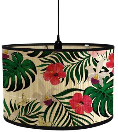 Morbuy Abat-Jour en Bambou, Motif Plante Floral Tropical, Diamètre 30cm Abat-Jour Tambour Rechange pour Lampe de Chevet, Lampe de Table, Lampadaire, Lampe de Plafond, Décorer (Feuilles de Palmier)