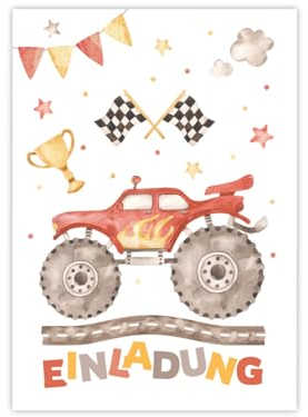 12 Einladungskarten zum Kindergeburtstag Jungen Monster-Truck Auto Einladungen zum Geburtstag Kinder bunte Geburtstagseinladungen