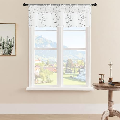 MRTREES Sheer Voile Curtain Valances 2 Panels, Leaves Embroidered Valance Curtains Rod Pocket, Small Sheer Window Curtains Treatment for Bedroom/Living Room/Kitchen/Basement(Grey Leaves, 54x16 Inches)