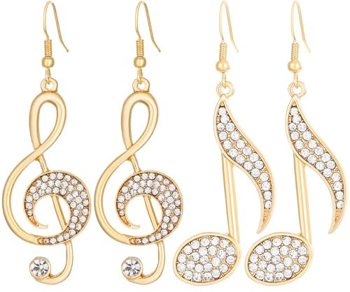 Kawailay 2 Paar Musik Note Tropfen Ohrring Kristall Musik Note Ohrringe Musik Note Haken Ohrringe für Frauen –Gold