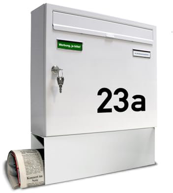 AL Briefkastensysteme Briefkasten mit Hausnummer weiß RAL 9016 - Basic 1er Briefkasten mit Zeitungsfach und Namensschild wetterfest Din A4 - Postkasten mit Hausnummernschild personalisiert