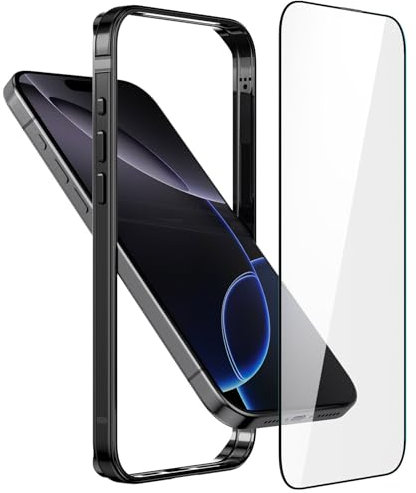 Metal Bumper Slim Case for iPhone 16 Pro Black | Aluminum Frame, Soft Inner Bumper, Raised Edge Protection, HD Tempered Glass Screen Protector, Cover, 6.3 inch