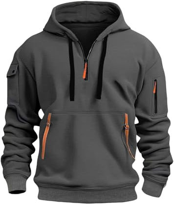 Felpa da lavoro da uomo con cappuccio con coulisse, mezza cerniera e tasche con cerniera, a maniche lunghe, dalla vestibilità comoda, casual, sportiva, calda, per l'autunno e l'inverno, M