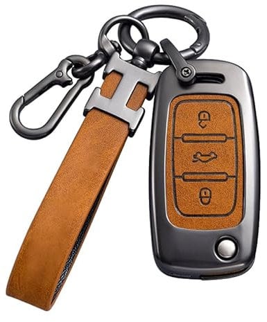 Coque de clé de voiture compatible avec VW Volkswagen - En alliage de zinc - Pour Tiguan Passat Golf 4 5 6 Polo Beetle Jetta Touran EOS Scirocco - Avec porte-clés - Marron gris