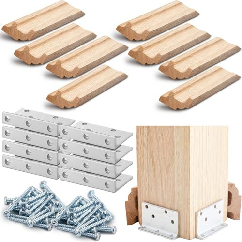 Blulu 3-1/2 2 Set Newel Post Mounting Kit 8 Pcs L Bracket Metal Post Anchor with 8 Pcs Red Oak Wood Trim Deck Base Fasteners for Fastening Handrails Balustrades to Stairs and Floors