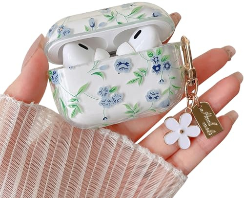 MINSCOSE Kompatibel mit AirPods Pro/Pro2 Clear Case, Cute Cartoon Blumen Muster Design mit Blumen Schlüsselanhänger, weiche TPU Schutz Stoßdichte Hülle für AirPods Pro/Pro2 für Mädchen-grüne Blätter