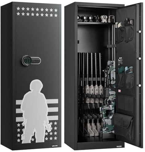 VEVOR Armoire à 10-12 Fusils, Coffre-Fort pour Armes à Feu 2 Façons de Verrouillage par Clavier Numérique et Clés, avec 4 Poches pour Pistolets et 3 Supports Réglables, Domicile, Assemblage Requis